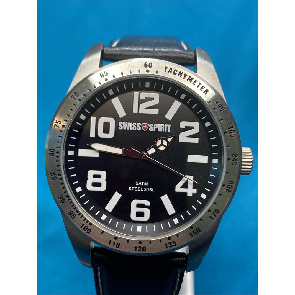 Swiss Spirit Water Resistant Solid Steel Watch Blue Face And Band New Battery